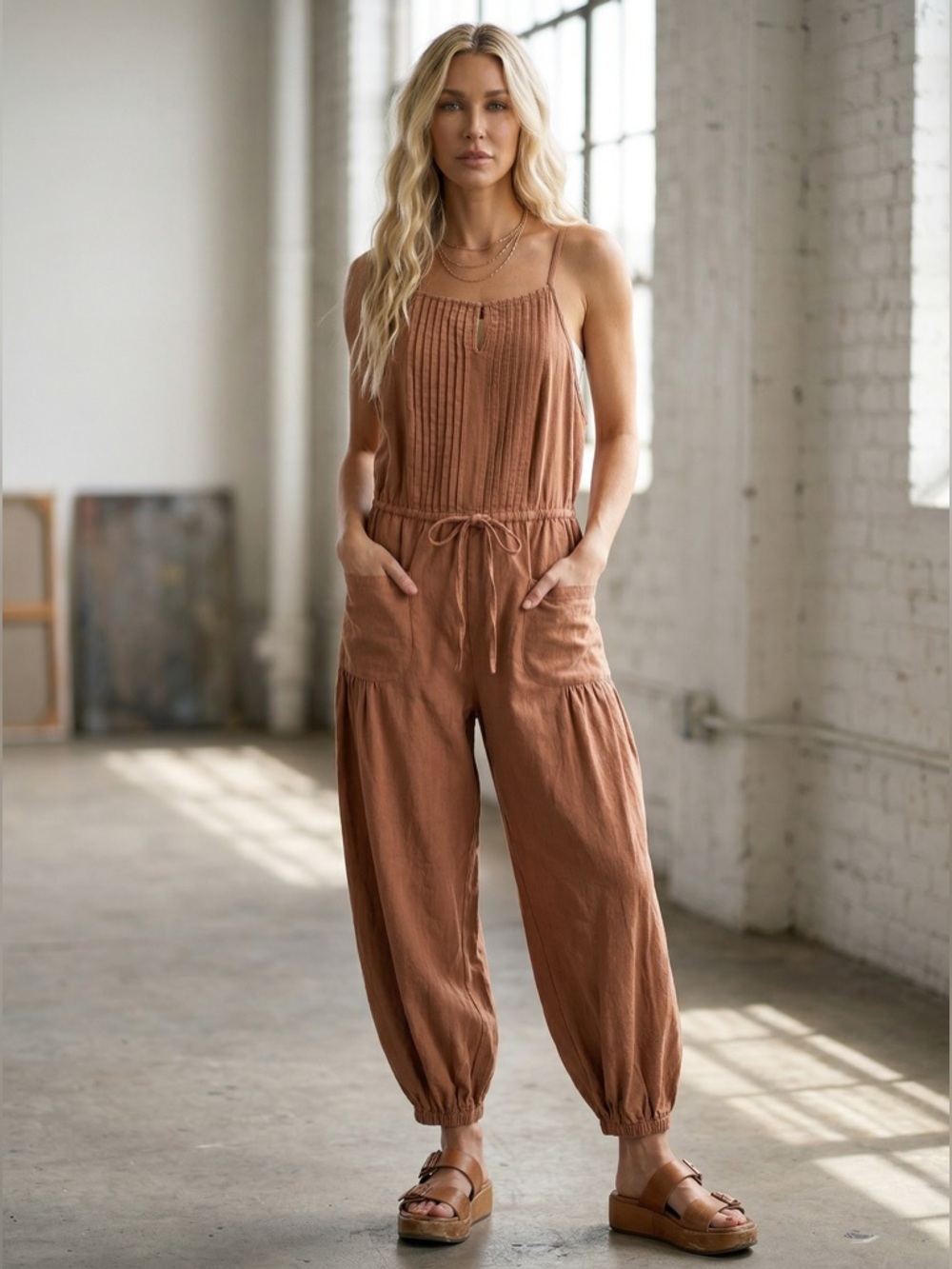 NWT Eesome Pleated Pocket Washed Drawstring Jumpsuit Jumper Clay